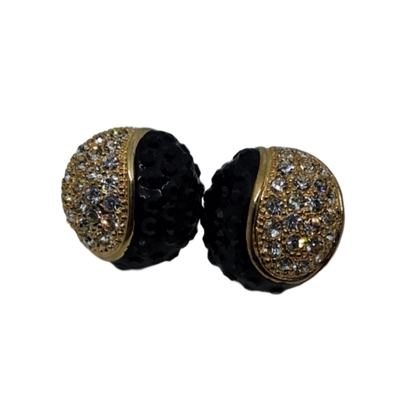 Vintage Roman Collection Domed Rhinestone Earrings – Black & Gold 80s Glam - Picture 3 of 6